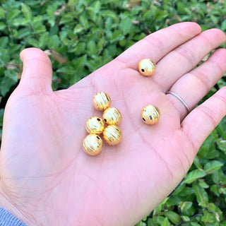 100pcs Sparkle Corrugated Ribbon Pattern Round Beads, 18K Yellow Gold Plated Brass, Size Selections: 6mm/8mm/10mm