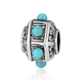 Real 925 Sterling Silver Lantern Blue Turquoise Gem Stone Bead Charm
