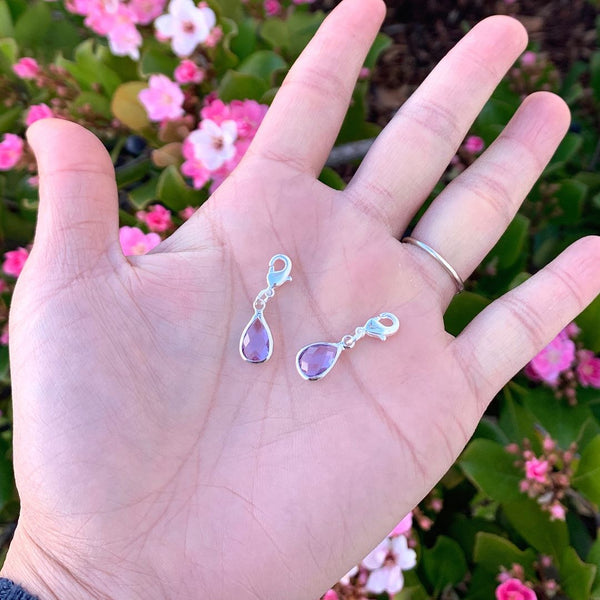 2pcs Clip On Dangle June Alexandrite Light Violet Birthstone Charm Drops, Tarnish Resistant, Sterling Silver Plated Lobster Clasp, BL7-6