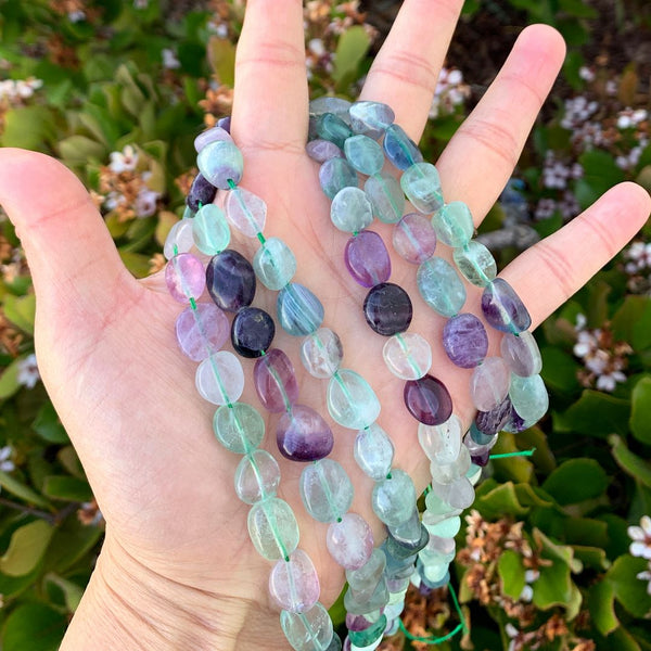 Natural Multi Color Fluorite Gemstone Oval Tumbled Pebble Beads, Irregular, 8mm to 12mm, Hole ID 1mm, 15 Inch/1 Strand, GZ12-76
