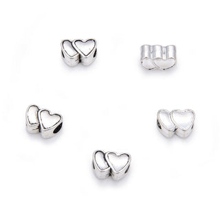 20pcs Double Love Heart Large Hole Beads, Hole ID 4.5mm, Antique Silver, Zinc Alloy Metal, MEC-B9