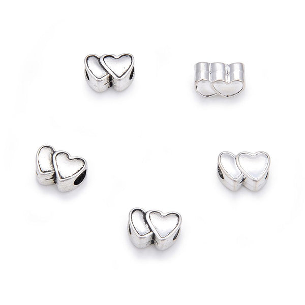 20pcs Double Love Heart Large Hole Beads, Hole ID 4.5mm, Antique Silver, Zinc Alloy Metal, MEC-B9