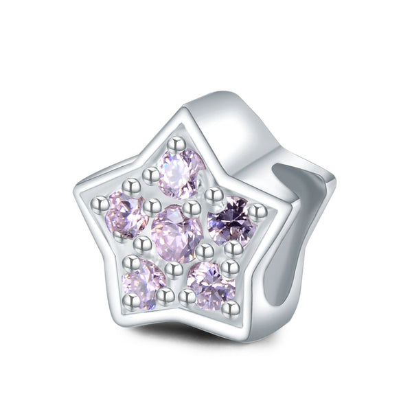 1pc 925 Sterling Silver Star Charm October Birthstone Bead Charm, Pink Tourmaline Cubic Zirconia CZ, 10x9.5mm, Hole ID 4.5mm, EC1-K10