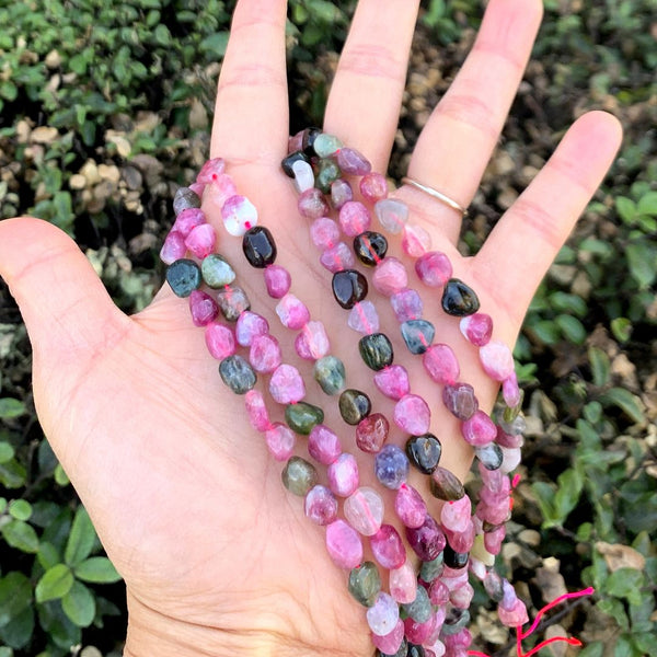 Natural Multi-color Tourmaline Gemstone Oval Tumbled Pebble Beads, Irregular, 6mm to 9mm, Hole ID 1mm, 15 Inch/1 Strand, GZ12-31