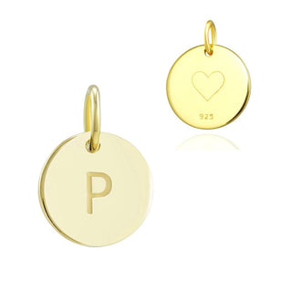 1pc 925 Sterling Silver 12mm Letter P Charm, Real 18K Yellow Gold Plated, Heart Engraved, Name Initial Disc Coin Pendant Drop, SLP-G16