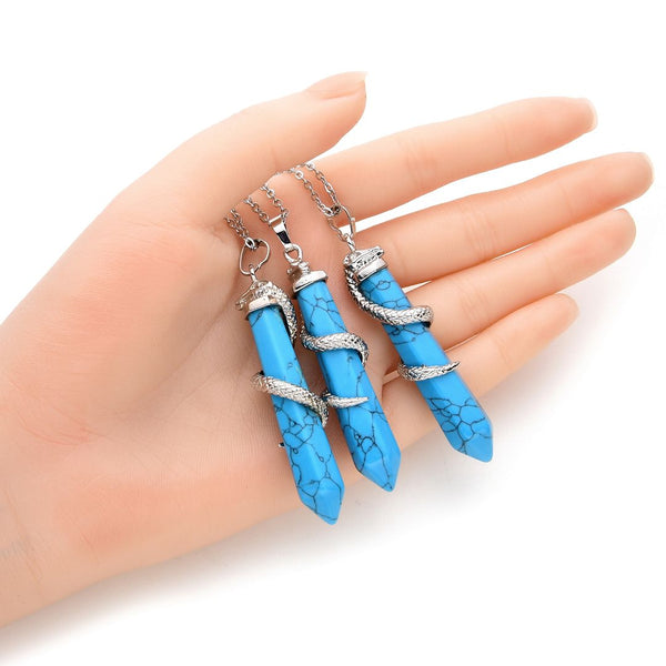 1pc Natural Blue Howlite Imitation Turquoise Hexagonal Pile Gemstone Pendant Necklace, 18 Inch Surgical Stainless Steel Chain, GGP-D6
