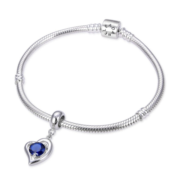 1pc 925 Sterling Silver Love Heart September Birthstone Charm Drop, Blue Sapphire Cubic Zirconia CZ, 26mm (1 inch) Long, Hole ID 4.5mm, EC1-E9