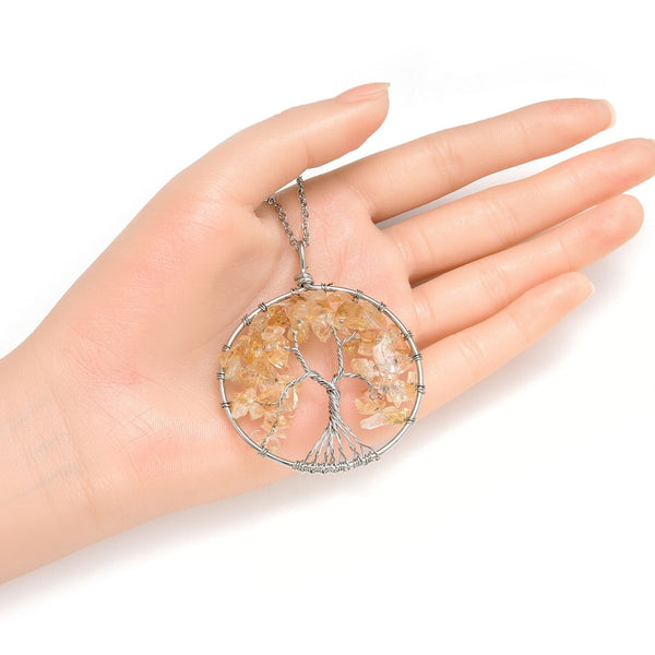 1pc Tree of Life Prosperity Necklace, Natural Yellow Citrine Crystal Gemstone Pendant, 26 inch Surgical Stainless Steel Chain, GGP9-15
