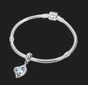 1pc 925 Sterling Silver Love Heart March Birthstone Charm Drop, Blue Aquamarine Cubic Zirconia CZ, 26mm (1 inch) Long, Hole ID 4.5mm, EC1-E3