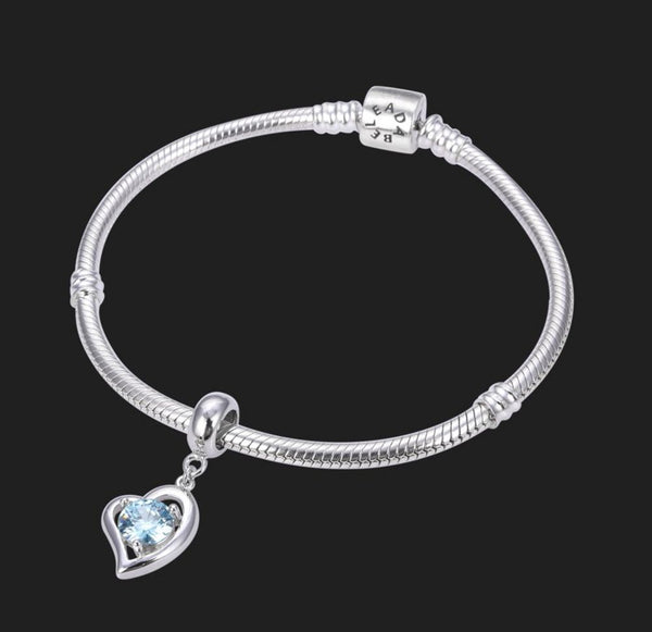 1pc 925 Sterling Silver Love Heart March Birthstone Charm Drop, Blue Aquamarine Cubic Zirconia CZ, 26mm (1 inch) Long, Hole ID 4.5mm, EC1-E3