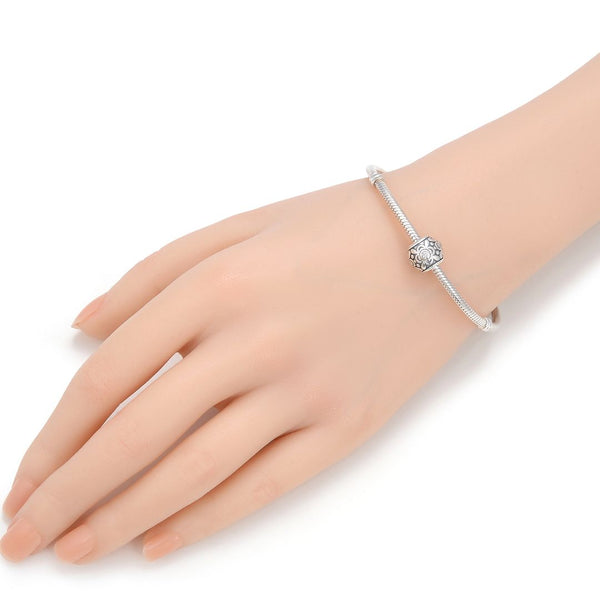 1pc 925 Sterling Silver Round Flower Pattern April Birthstone Bead Charm, Diamond Clear Cubic Zirconia CZ, 11.2x9.5mm, Hole ID 4.5mm, EC1-G4