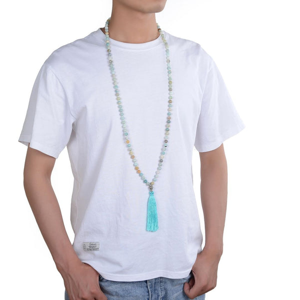 Adabele Premium 108 Mala Bead Tassel Necklace, 8mm Natural Multi-color Amazonite Gemstone, Buddhist Japa Prayer Beaded Jewelry RGN15