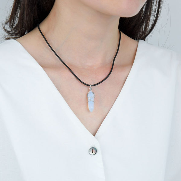1pc Lab Created White Opal Gemstone Pendant Necklace, 18 Inch Leather Cord Jewelry, GGP-H11