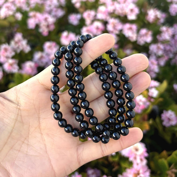 1 Strand Stretch Natural Grade A Black Tourmaline Beaded Gemstone Bracelet, 6mm Beads, Length Selections: 7 inch/7.5 inch/8 inch