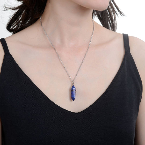 1pc Natural Blue Lapis Lazuli Gemstone Pendant Necklace, 18 Inch Surgical Stainless Steel Chain, GGP-E2