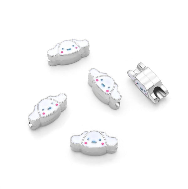 20pcs Cute Dog Puppy White Enamel Large Hole Beads, Hole ID 4.5mm, Antique Silver, Zinc Alloy Metal, MEC-A11