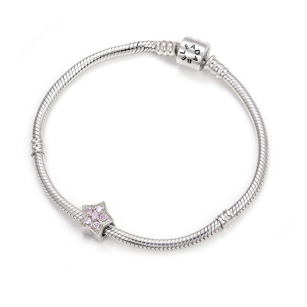 1pc 925 Sterling Silver Star Charm October Birthstone Bead Charm, Pink Tourmaline Cubic Zirconia CZ, 10x9.5mm, Hole ID 4.5mm, EC1-K10