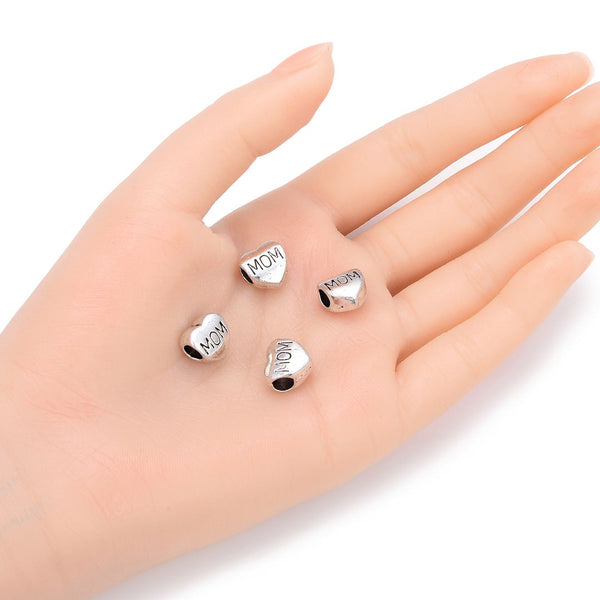 20pcs Best Mom Love Heart Large Hole Beads, Hole ID 4.5mm, Antique Silver, Zinc Alloy Metal, MEC-B8