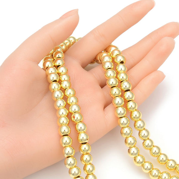 Grade A Natural Hematite Gemstone Large Hole Round Beads, Gold Plated,15 Inch/1 Strand, 8mm, Hole ID 2.8mm, GFC-N8