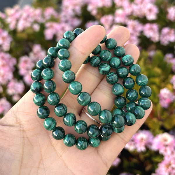 1 Strand Stretch Natural Green Malachite Beaded Gemstone Bracelet, 8mm Bead, Length Selections: 7 inch/7.5 inch/8 inch/8.5 inch