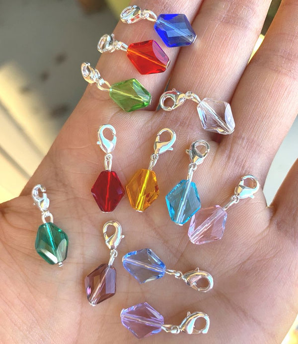 1 Set/12pcs Mixed Clip On Dangle Birthstone Charm Drops, 10mm Rhombus Diamond Crystal Beads, Sterling Silver Plated Clasp, BL10