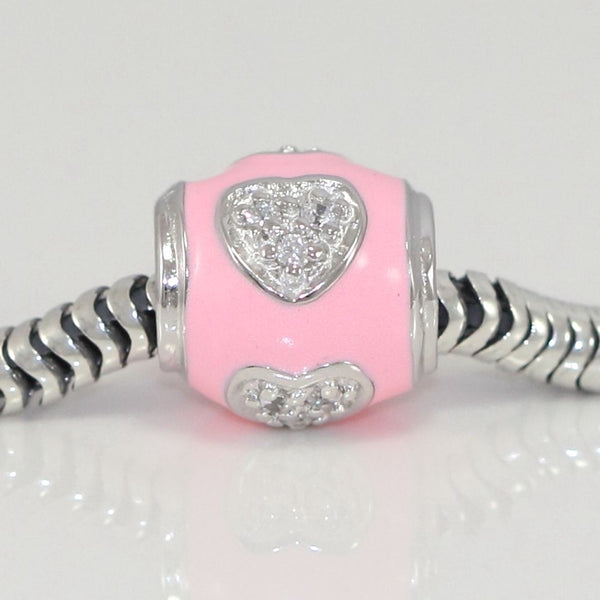 1pc Solid 925 Sterling Silver Pink Heart Love Cubic Zirconia Bead Charm, Compatible with Pandora All Other Charm Bracelet, EC77