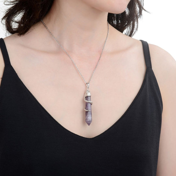 1pc Natural Purple Amethyst Crystal Hexagonal Pile Gemstone Pendant Necklace, 18 Inch Surgical Stainless Steel Chain, GGP-D4
