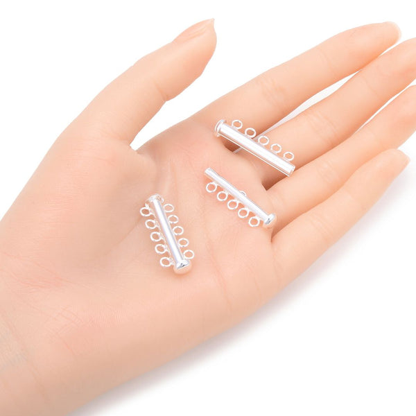 1pc 925 Sterling Silver 5 Strands Multi-Strand Slide Lock Tube Clasp Set, 30mm Long, SS189