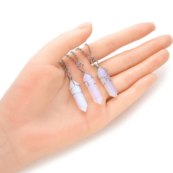 1pc Lab Created White Opal Gemstone Pendant Necklace, 18 Inch Surgical Stainless Steel Chain, GGP-E11
