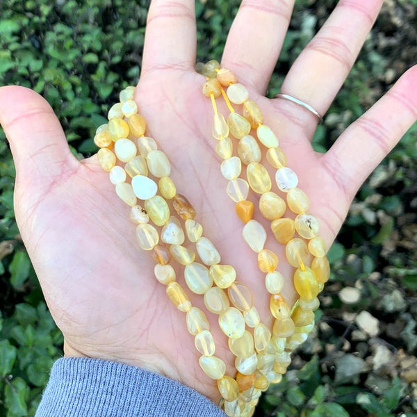 Natural Yellow Opal Gemstone Oval Tumbled Pebble Beads, Irregular, 6mm to 8mm, Hole ID 1mm, 15 Inch/1 Strand, GZ11-3