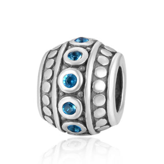 1pc 925 Sterling Silver Round March Birthstone Bead Charm, Blue Aquamarine Cubic Zirconia CZ, 10x8mm, Hole ID 4.5mm, EC1-F3