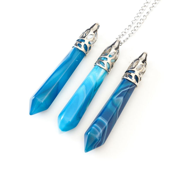 1pc Natural Blue Agate Hexagonal Pile Gemstone Pendant Necklace, 26 Inch Surgical Stainless Steel Chain, GGP-BB3