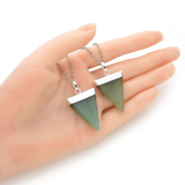 1pc Natural Green Aventurine Triangle Gemstone Pendant Necklace, 18 Inch Surgical Stainless Steel Chain, GGP-A6