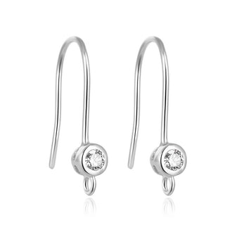 4pcs 925 Sterling Silver Fancy Earring Hooks, 3mm Cubic Zirconia CZ, Tarnish Resistant Rhodium Plated, 18mm, SS443