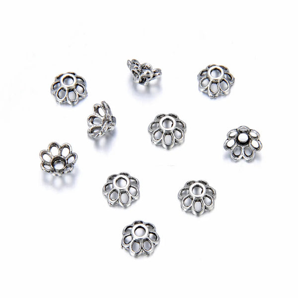 200pcs 7-Petal Flower Bead Caps, 8mm Bead End Caps, Antique Silver, MC-AB8