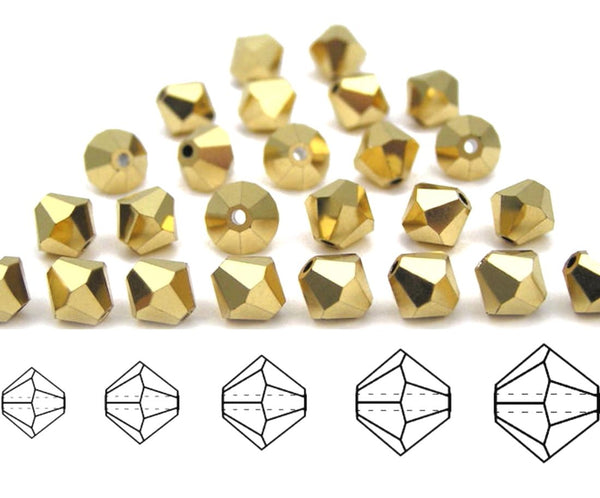 100pcs Preciosa Faceted Bicone Crystal Beads, Gold Aurum (Full-Coat), Size Selections: 3mm/4mm/6mm