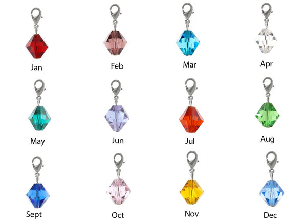 1 Set/12pcs Mixed Clip On Dangle Birthstone Charm Drops, 8mm Bicone Crystal Beads, Sterling Silver Plated Clasps, BL1