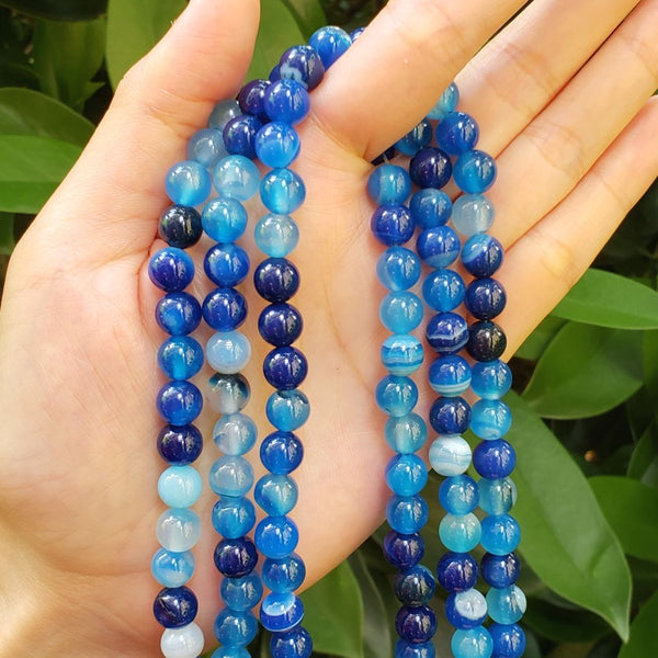 AAA Natural Banded Blue Agate Gemstone Round Beads, 15 Inch/1 Strand, Size Selections: 4mm/6mm/8mm/10mm