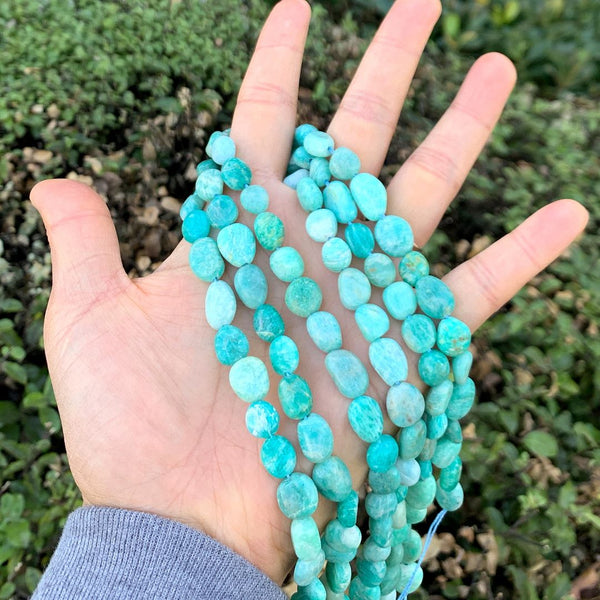 Natural Amazonite Amazonstone Gemstone Oval Tumbled Pebble Beads, Irregular, 7mm to 12mm, Hole ID 1mm, 15 Inch/1 Strand, GZ12-45