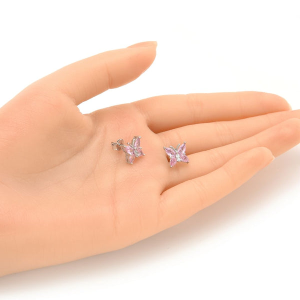 1 Pair 925 Sterling Silver October Birthstone Butterfly Stud Earrings, 10mm, Cubic Zirconia CZ Pink Tourmaline Stone, SSE83-10