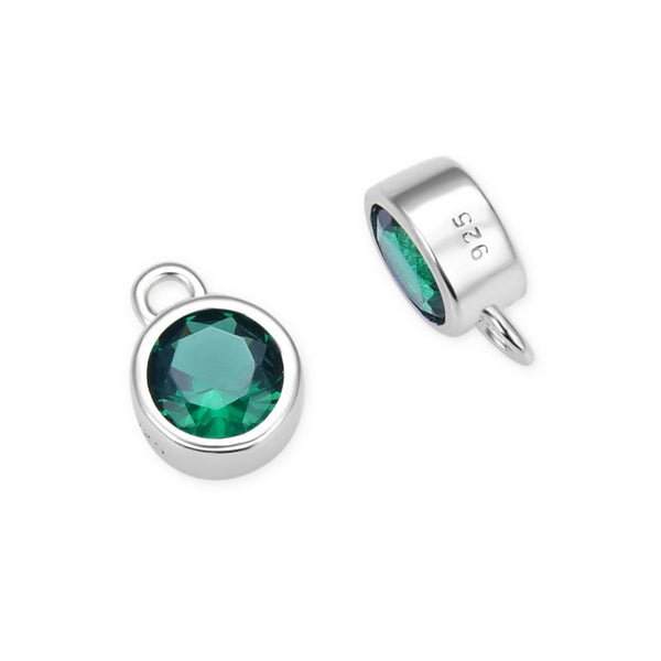 2pcs 925 Sterling Silver 6mm May Birthstone Charm Drop Pendants, Tarnish Resistant, Emerald Green Cubic Zirconia Gemstone, SXP8-5