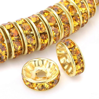 100pcs Grade A Rhinestone Rondelle Beads, Topaz Yellow Rhinestone, 18K Yellow Gold Plated Brass, Size Selections: 5mm/6mm/8mm/10mm/12mm