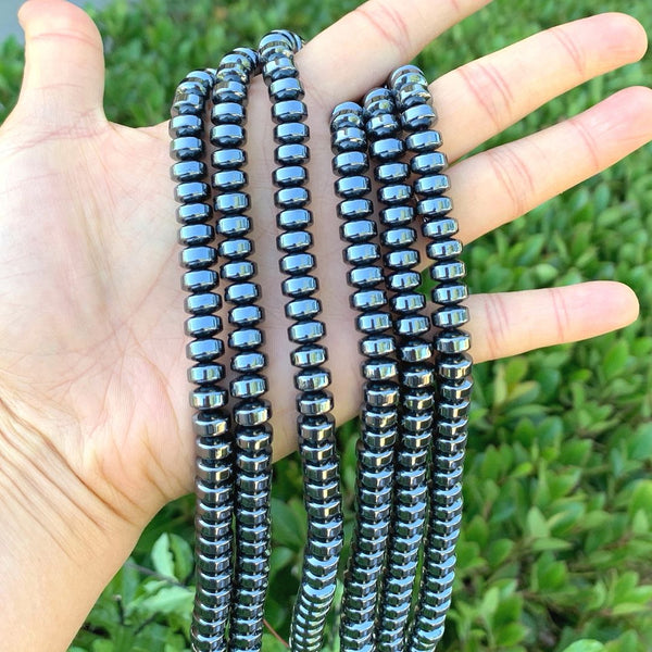 Grade A Natural Black Hematite Gemstone Rondelle Beads, 1 Strand/15 Inch, 8x6mm, Hole ID 1mm, GFC9-1
