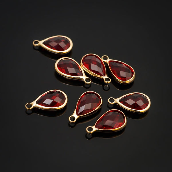 10pcs Grade A January Red Teardrop Birthstone Charm Drop, 18K Yellow Gold Plated Brass, Size Selections: 11x7mm, 14x8mm, 16x9mm