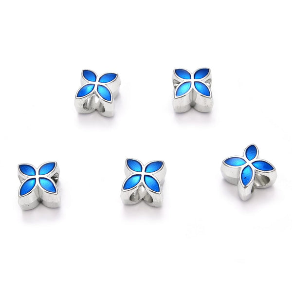 20pcs Blue Enamel Four-Clover Good Luck Large Hole Beads, Hole ID 4.5mm, Antique Silver, Zinc Alloy Metal, MEC-E4