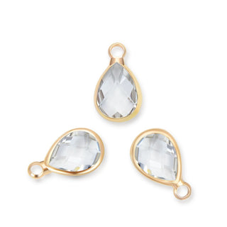 10pcs Grade A April Crystal Clear Teardrop Birthstone Charm Drop, 18K Yellow Gold Plated Brass, Size Selections: 11x7mm, 14x8mm, 16x9mm