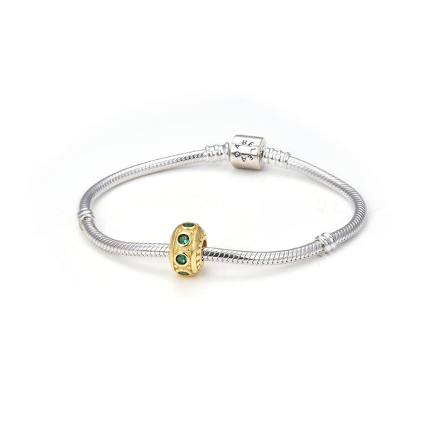 1pc Real Gold Plated 925 Sterling Silver May Birthstone Bead Charm, Green Emerald Cubic Zirconia CZ, 11x6.8mm, Hole ID 4.5mm, EC1-B5