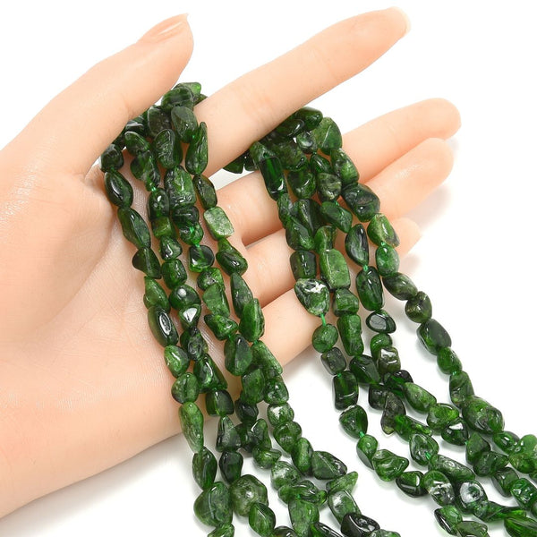 Natural Green Diopside Gemstone Oval Tumbled Pebble Beads, Irregular, 7mm to 12mm, Hole ID 1mm, 15 Inch/1 Strand, GZ12-10