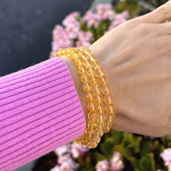 1 Strand Stretch Natural Yellow Citrine Crystal Beaded Gemstone Bracelet, 6mm Beads, Length Selections: 7 inch/7.5 inch/8 inch