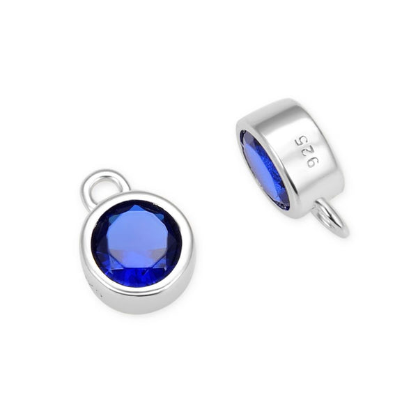 2pcs 925 Sterling Silver 6mm September Birthstone Charm Drop Pendants, Tarnish Resistant, Sapphire Blue Cubic Zirconia Gemstone, SXP8-9